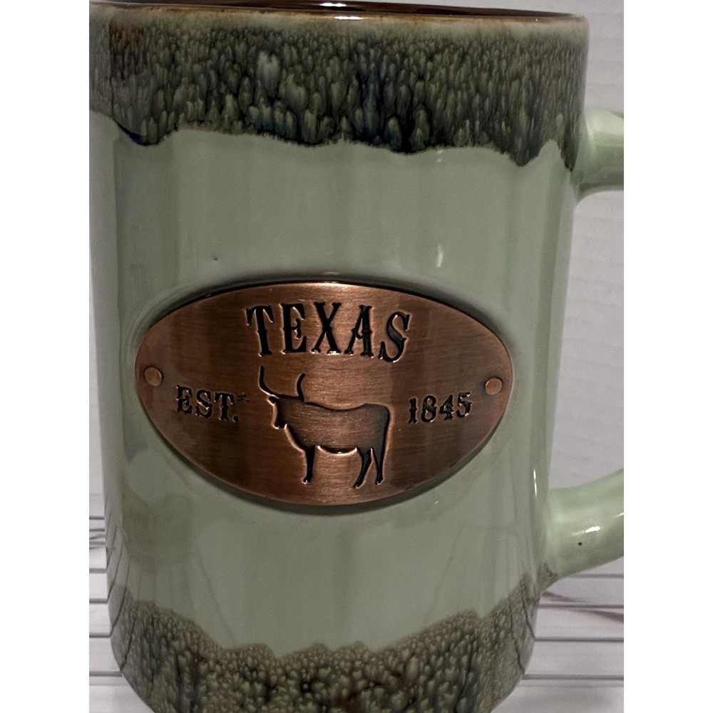 Americaware Mug Ceramic with Copper Plate TEXAS Green w/Brown Drip Glaze - Picture 2 of 9